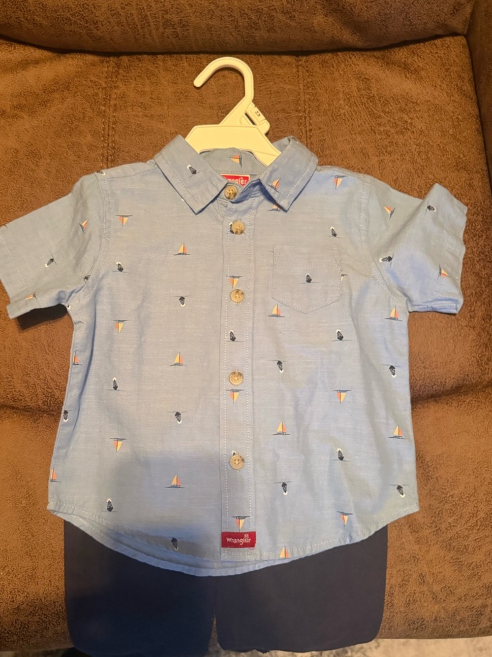 Wrangler Light Blue Short Sleeve Button-Down with Sailboat Print